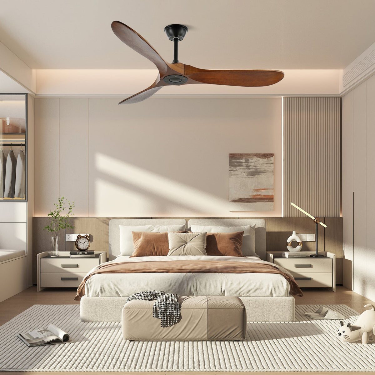 Wooden Blade Ceiling Fan with Remote Control 6 Speed Whisper-Quiet Motor Walnut Finish Adjustable Suspension for Living Room Bedroom Home Of