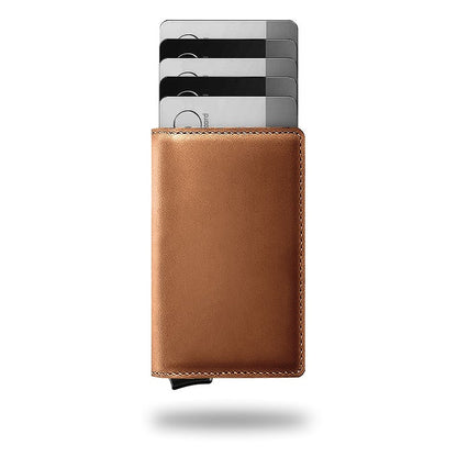 RFID-Blocking Leather Billfold with Pop-Up Card Holder 3.7 × 2.6 × 0.4 Inches Slim Aluminum Mechanism Travel Wallet Compact Front Pocket Org