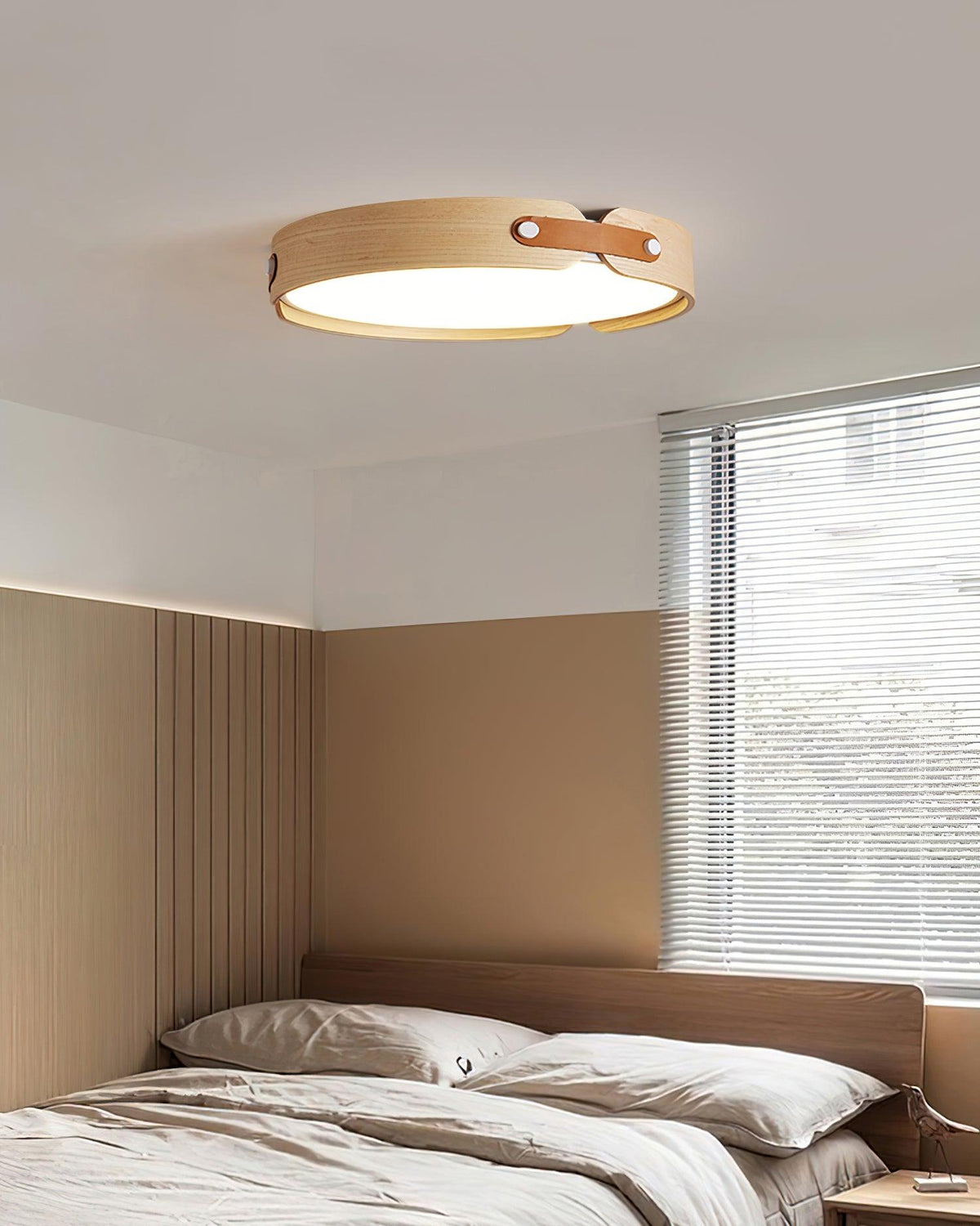 Flush Mount LED Wood Ceiling Light 16.5 in Wireless Dimmer Remote Control for Bedroom Bathroom Hallway Indoor Natural Walnut Finish Low Prof
