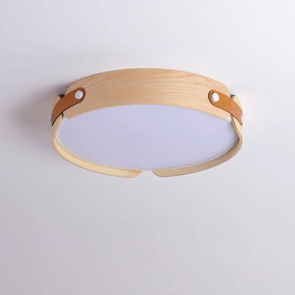 Flush Mount LED Wood Ceiling Light 16.5 in Wireless Dimmer Remote Control for Bedroom Bathroom Hallway Indoor Natural Walnut Finish Low Prof