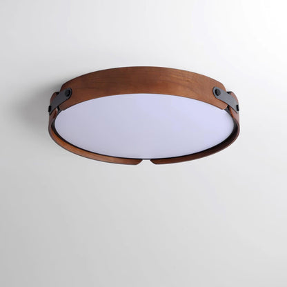 Flush Mount LED Wood Ceiling Light 16.5 in Wireless Dimmer Remote Control for Bedroom Bathroom Hallway Indoor Natural Walnut Finish Low Prof