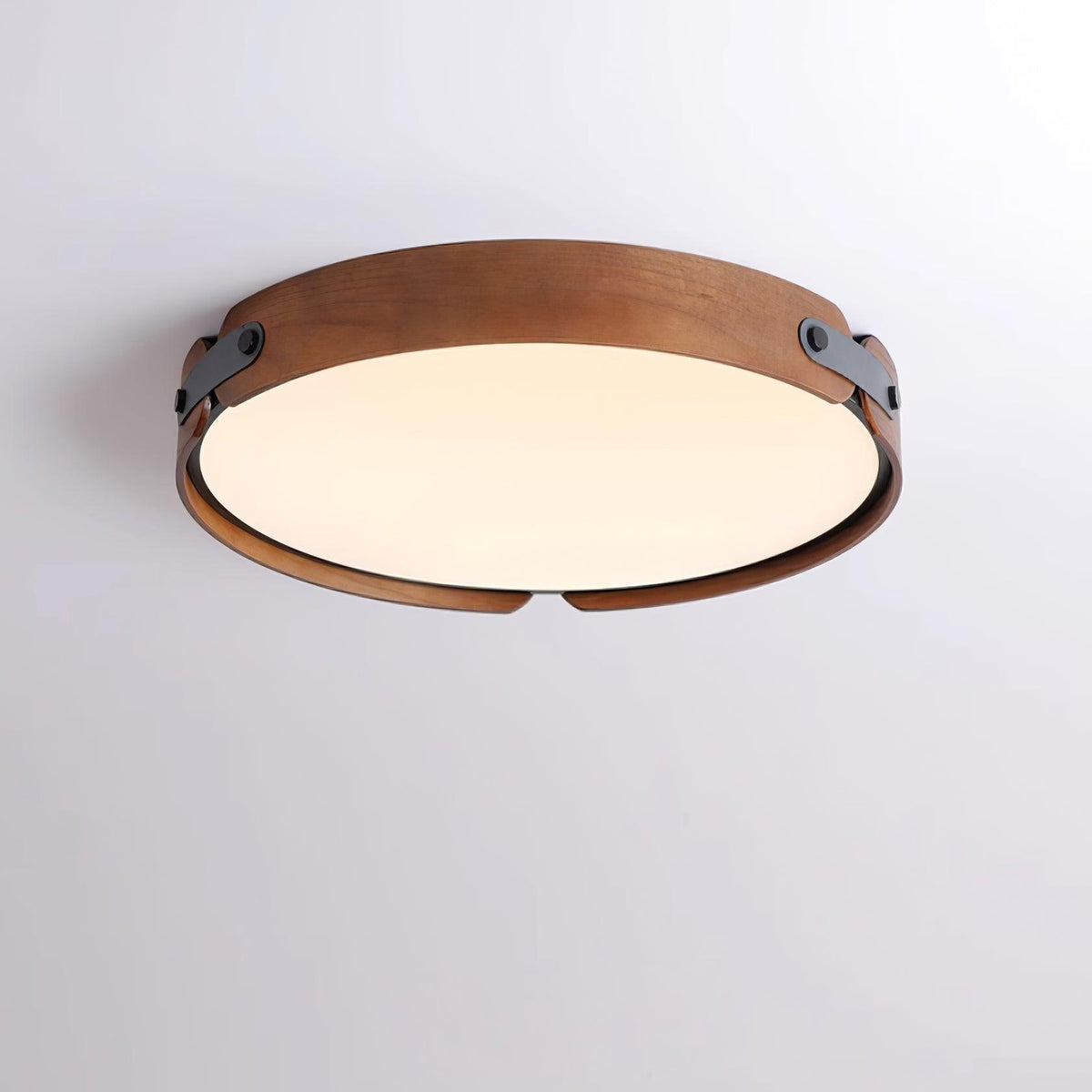 Flush Mount LED Wood Ceiling Light 16.5 in Wireless Dimmer Remote Control for Bedroom Bathroom Hallway Indoor Natural Walnut Finish Low Prof