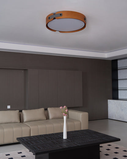 Flush Mount LED Wood Ceiling Light 16.5 in Wireless Dimmer Remote Control for Bedroom Bathroom Hallway Indoor Natural Walnut Finish Low Prof