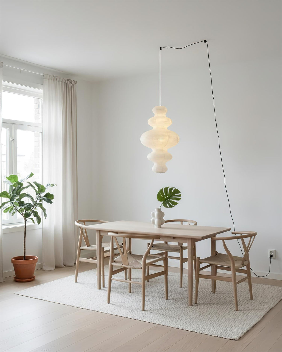 Overhead Suspension Lamp 18.5×32 White Handmade Paper Shade for Dining Table Kitchen Island Contemporary Asian Inspired Ceiling Fixture Adju