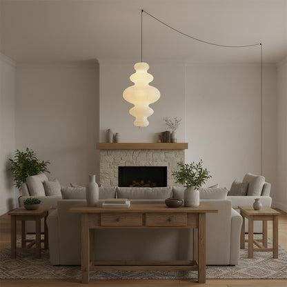 Overhead Suspension Lamp 18.5×32 White Handmade Paper Shade for Dining Table Kitchen Island Contemporary Asian Inspired Ceiling Fixture Adju