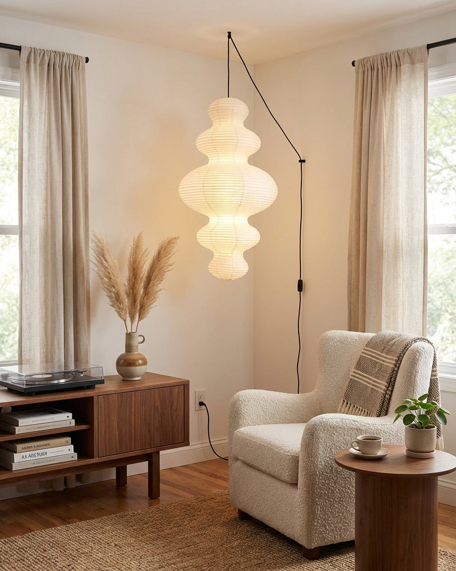 Overhead Suspension Lamp 18.5×32 White Handmade Paper Shade for Dining Table Kitchen Island Contemporary Asian Inspired Ceiling Fixture Adju