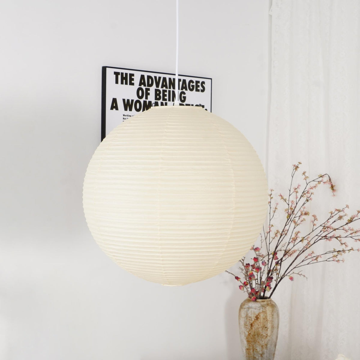Spherical Wire-Frame Ceiling Fixture with Paper Diffuser for Kitchens & Dining Spaces – Sculptural Overhead Lighting – Adjustable Height Up