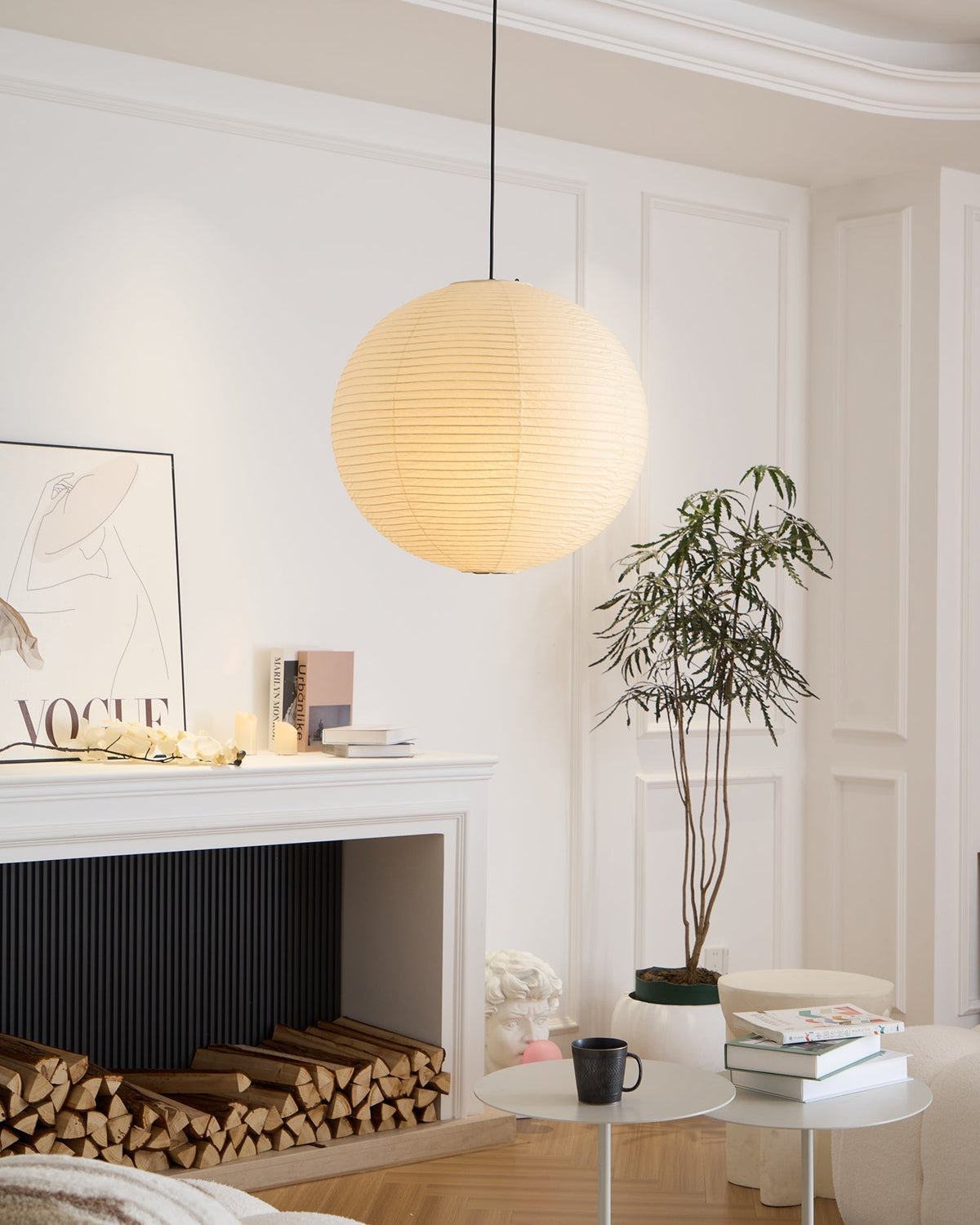 Spherical Wire-Frame Ceiling Fixture with Paper Diffuser for Kitchens & Dining Spaces – Sculptural Overhead Lighting – Adjustable Height Up