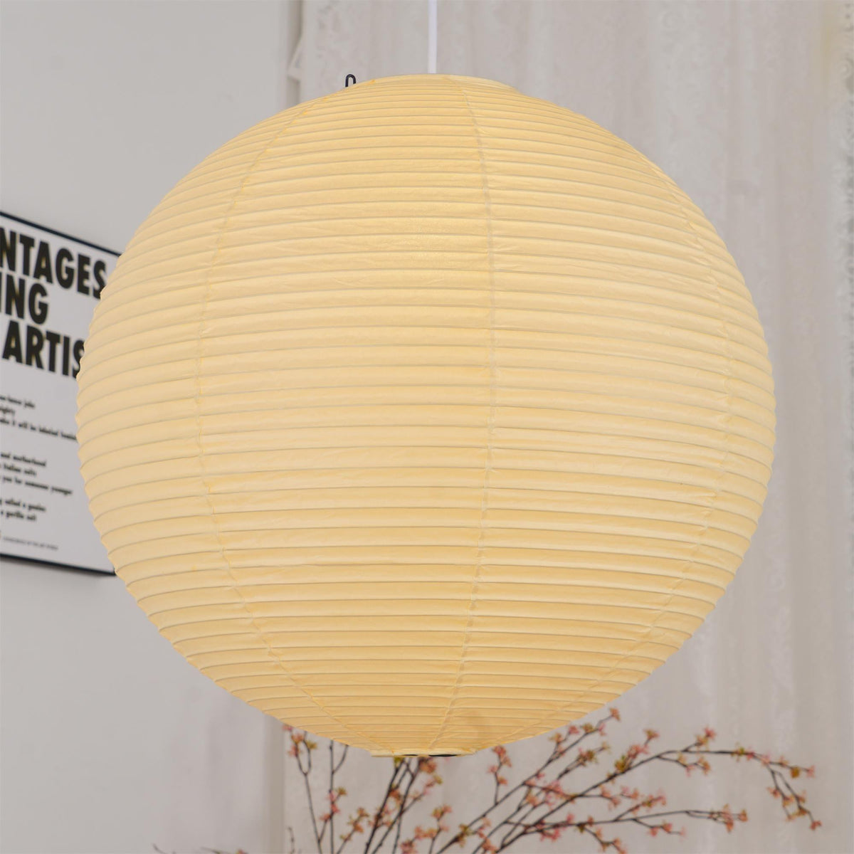Spherical Wire-Frame Ceiling Fixture with Paper Diffuser for Kitchens & Dining Spaces – Sculptural Overhead Lighting – Adjustable Height Up