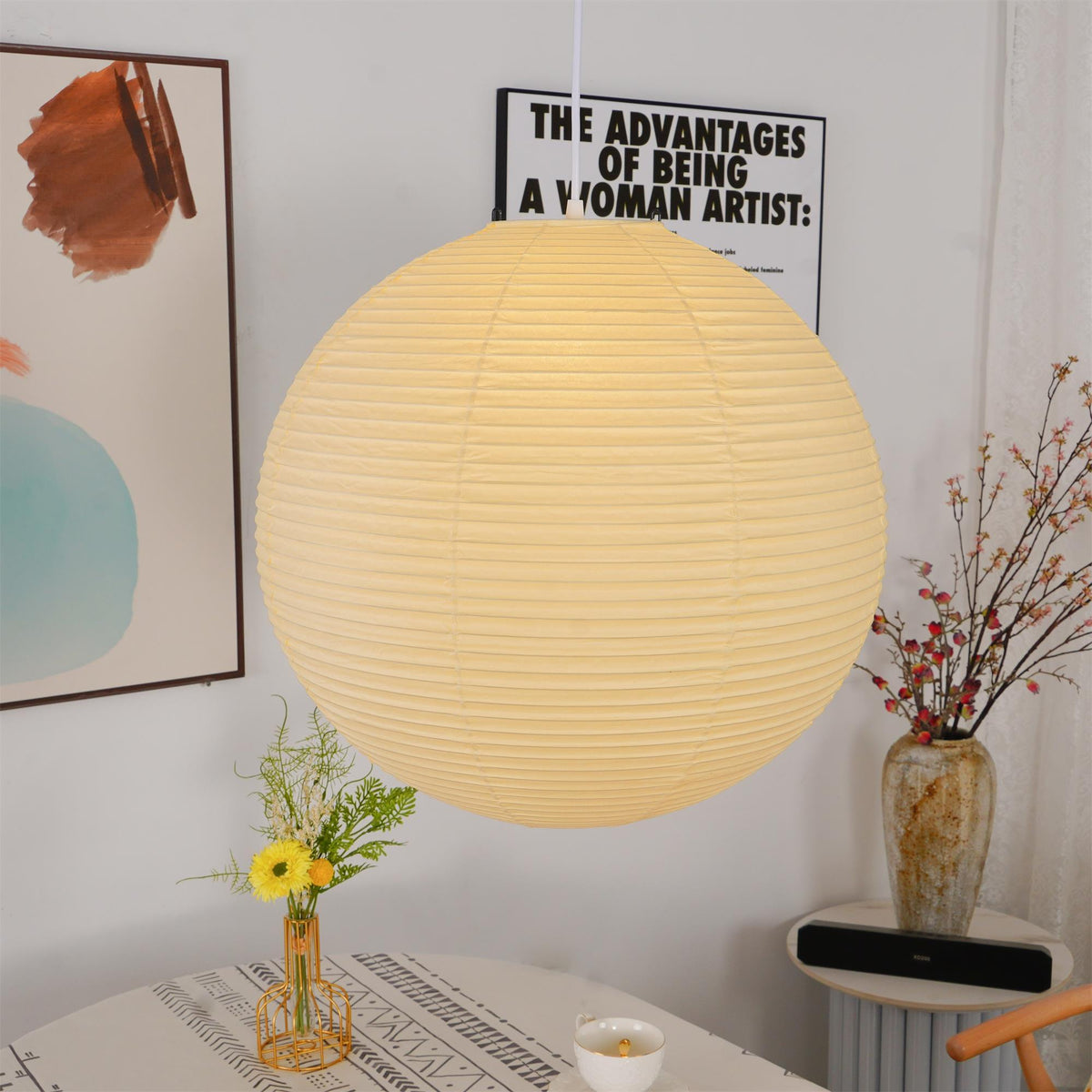 Spherical Wire-Frame Ceiling Fixture with Paper Diffuser for Kitchens & Dining Spaces – Sculptural Overhead Lighting – Adjustable Height Up