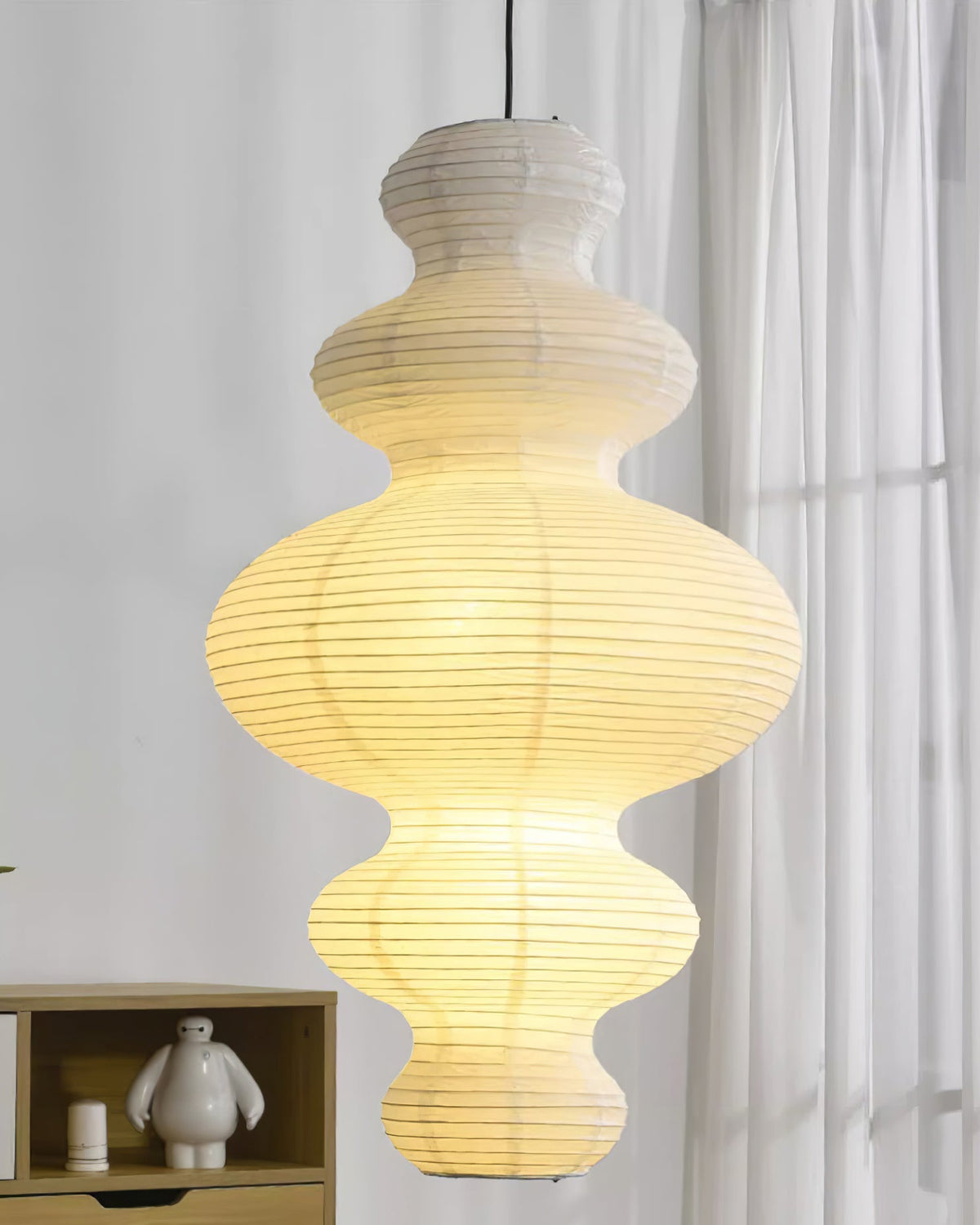 Overhead Suspension Lamp 18.5×32 White Handmade Paper Shade for Dining Table Kitchen Island Contemporary Asian Inspired Ceiling Fixture Adju
