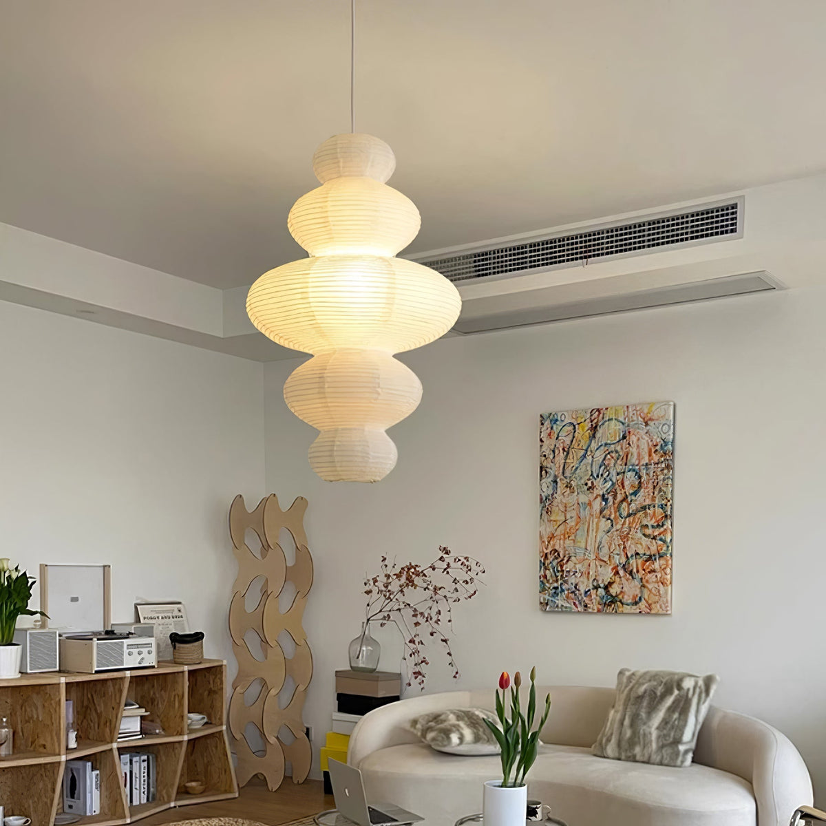 Overhead Suspension Lamp 18.5×32 White Handmade Paper Shade for Dining Table Kitchen Island Contemporary Asian Inspired Ceiling Fixture Adju