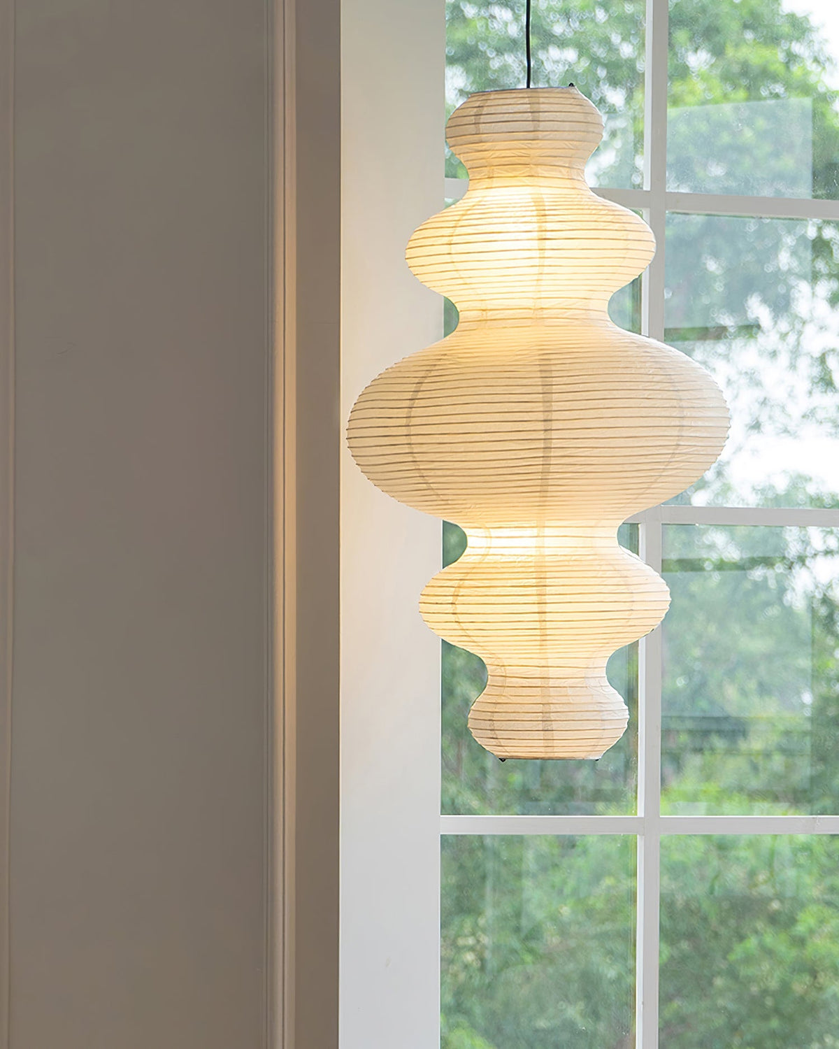Overhead Suspension Lamp 18.5×32 White Handmade Paper Shade for Dining Table Kitchen Island Contemporary Asian Inspired Ceiling Fixture Adju