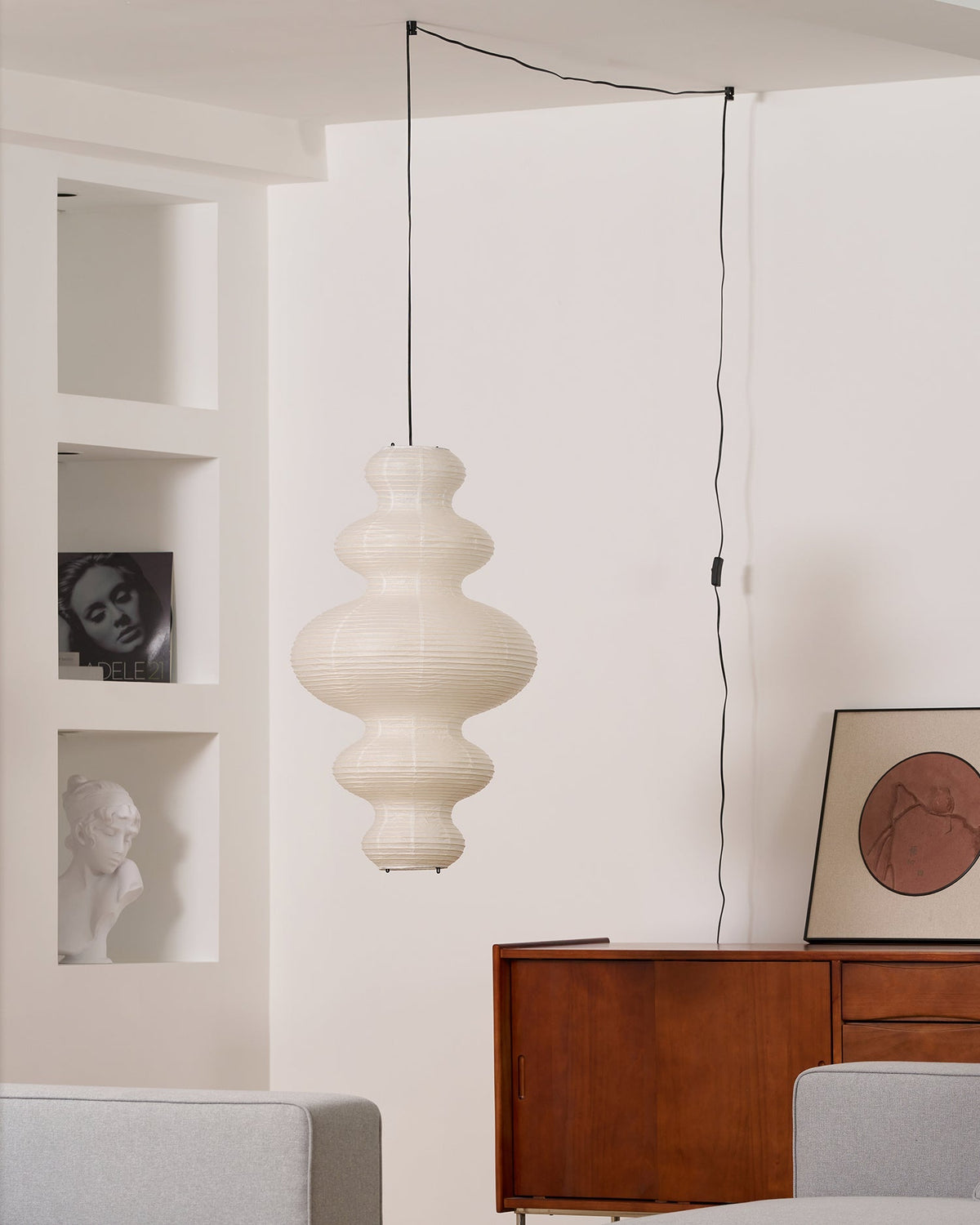 Overhead Suspension Lamp 18.5×32 White Handmade Paper Shade for Dining Table Kitchen Island Contemporary Asian Inspired Ceiling Fixture Adju