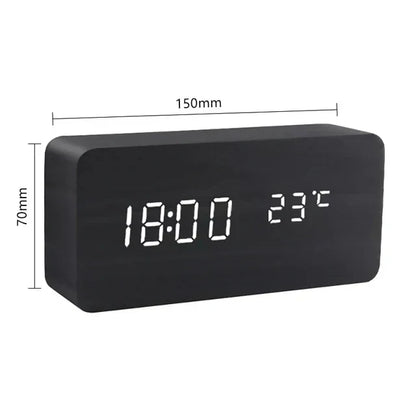 Wood-Style Digital Alarm Clock with LED Display & Voice Control – 3 Alarms, Adjustable Brightness & Temperature Display for Bedroom