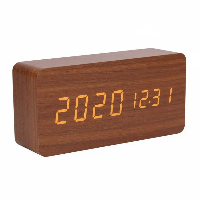 Digital Alarm Clock with Wood-Grain Finish – 3 Alarms, Temperature Display & Adjustable LED Brightness for Bedroom, Desk & Nightstand