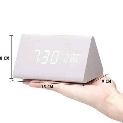 Voice-Activated Digital Alarm Clock with LED Temperature Display, Wood Grain Finish for Bedroom Nightstand, Triple Alarm System for Heavy