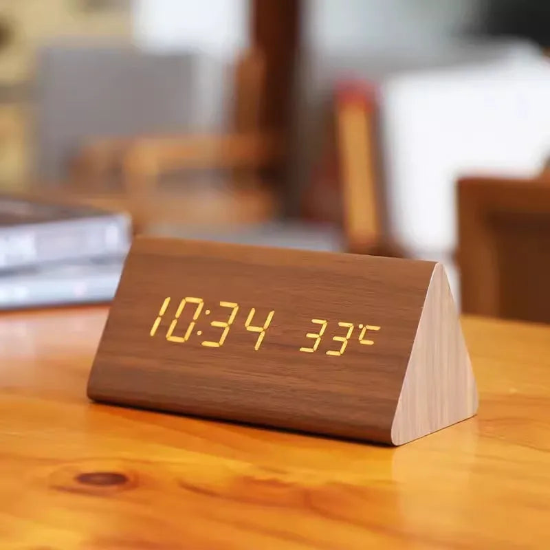 Wood-Style Digital Alarm Clock with LED Display & Voice Control – 3 Alarms, Adjustable Brightness & Temperature Display for Bedroom