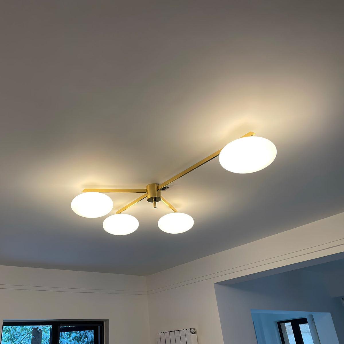 Five-Arm Flush Mount Ceiling Fixture with Milky White Shades in Warm Gold Finish for Kitchen Island Bedroom Hallway Entry Foyer Low Profile