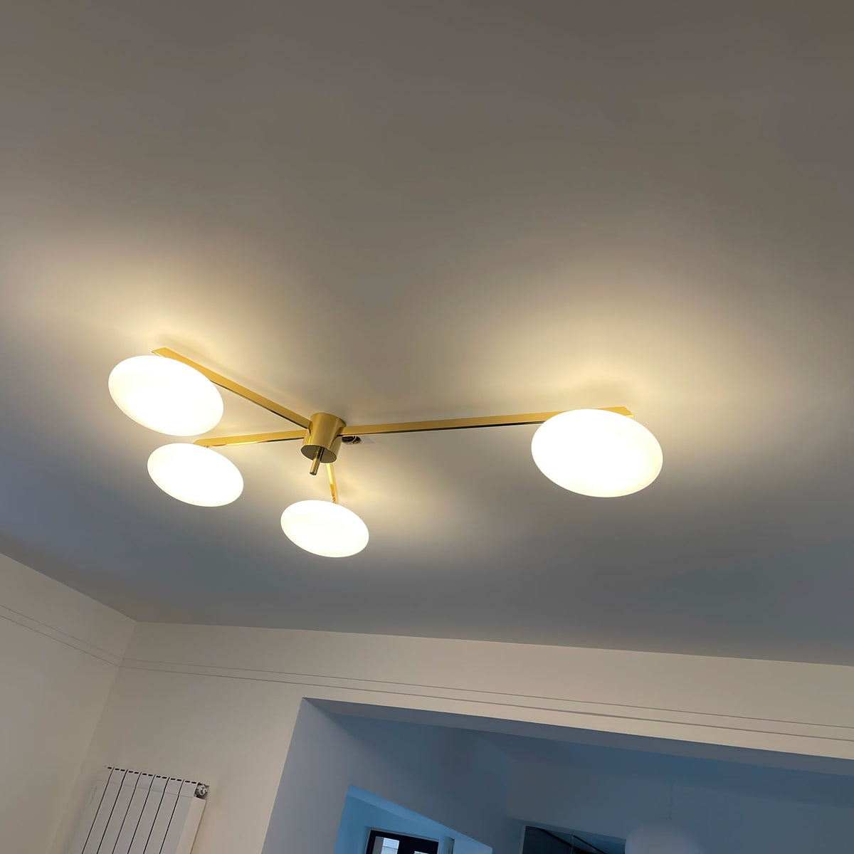 Five-Arm Flush Mount Ceiling Fixture with Milky White Shades in Warm Gold Finish for Kitchen Island Bedroom Hallway Entry Foyer Low Profile