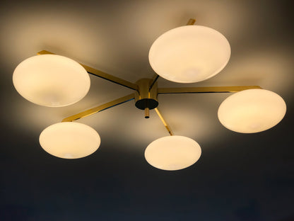Five-Arm Flush Mount Ceiling Fixture with Milky White Shades in Warm Gold Finish for Kitchen Island Bedroom Hallway Entry Foyer Low Profile