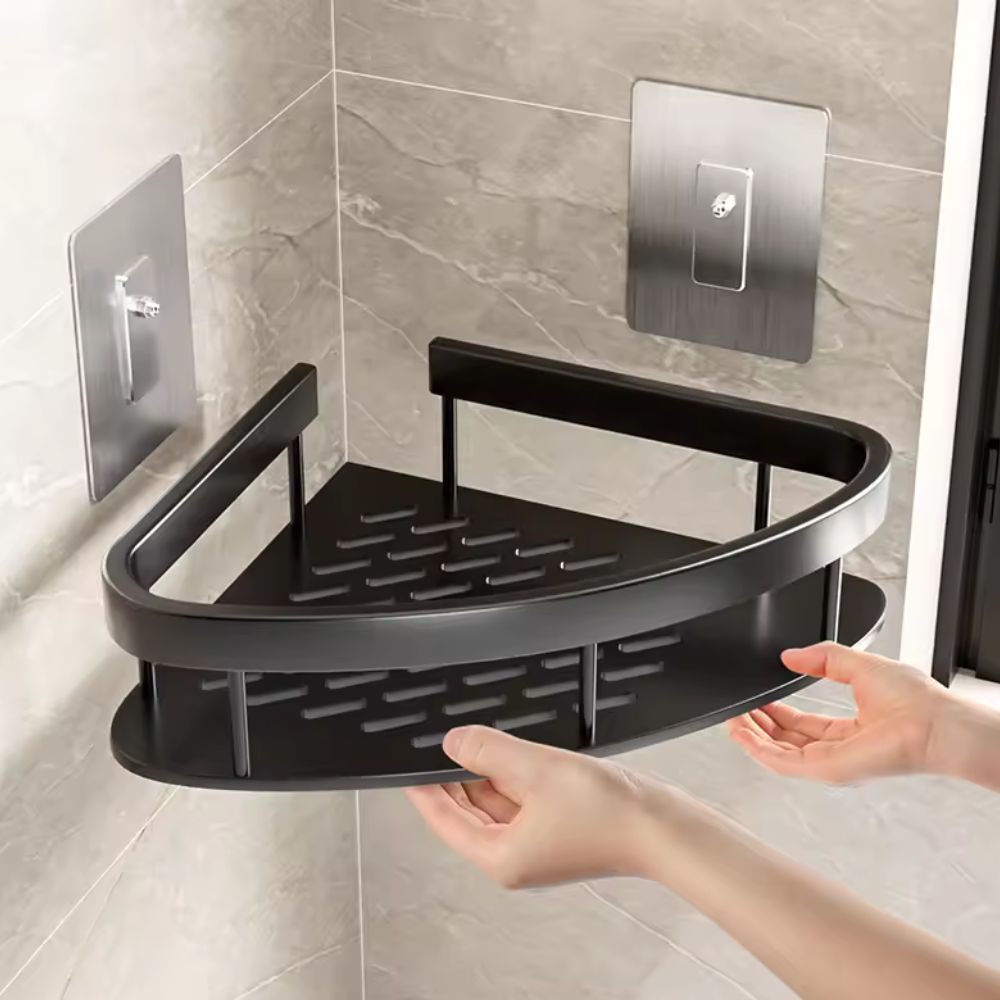 Wall-Mounted Bathroom Storage Rack with Hook, Aluminum Shower Organizer Caddy, Rustproof No-Drill Shelf for Shampoo & Soap, Single or