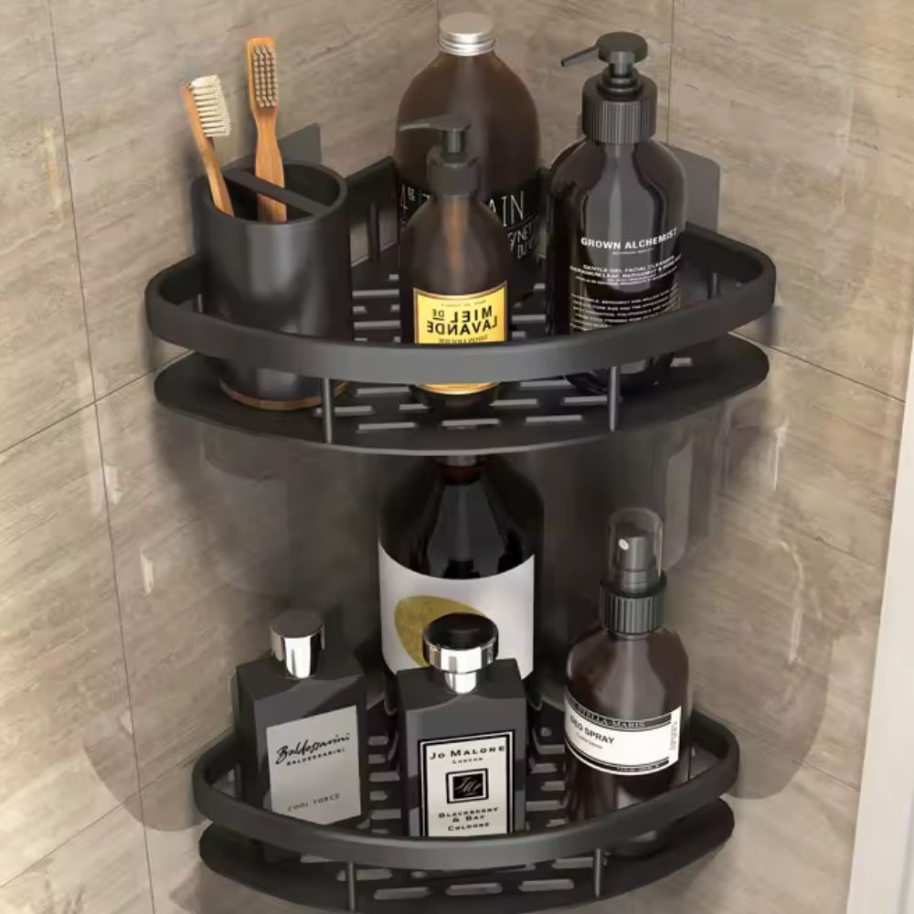 Wall Mount Shower Shelf Organizer with Hook Aluminum Curved Caddy for Bathroom Storage Shampoo Holder Rustproof No Drill 2-Tier Shelves