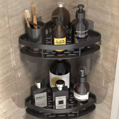 Wall Mount Shower Shelf Organizer with Hook Aluminum Curved Caddy for Bathroom Storage Shampoo Holder Rustproof No Drill 2-Tier Shelves