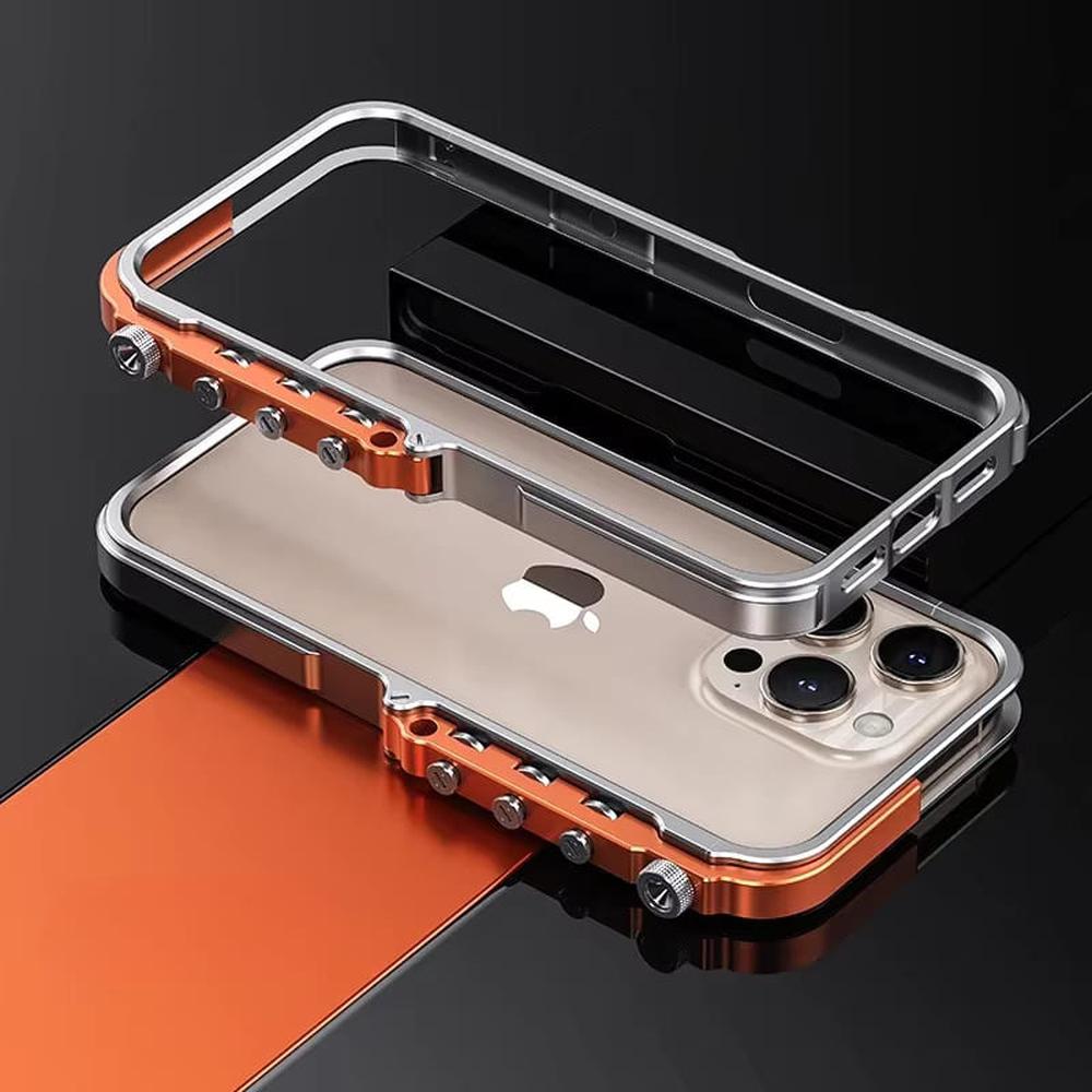 Aluminum Metal Frame Phone Case for iPhone 13-17 Pro Max – Shock Absorbing, Raised Edge Protection, Precision Cutouts – Cosmic Orange &