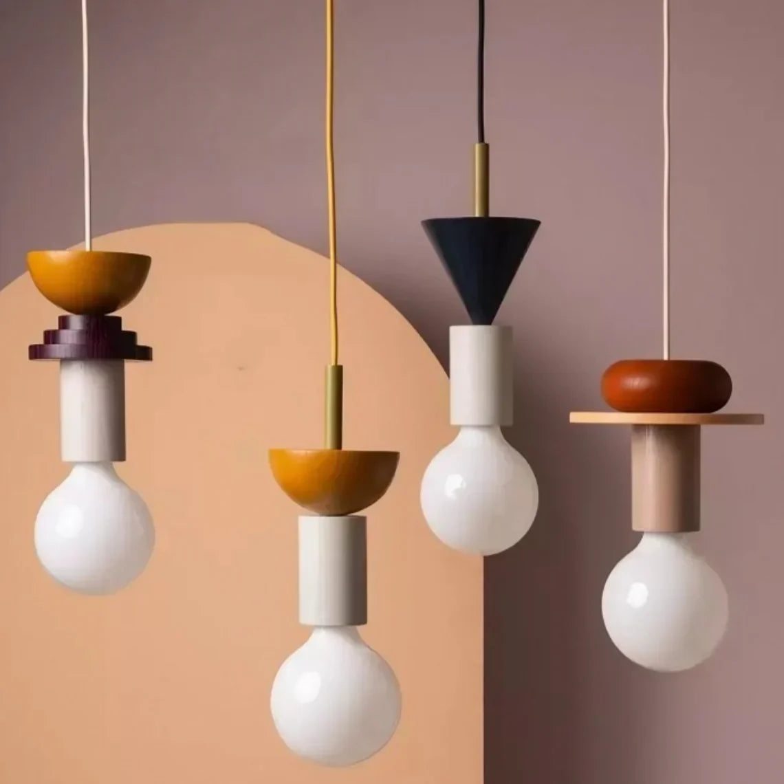 Wooden Hanging Ceiling Fixture Multicolor Geometric Shade 7.5-16.5 in Height Adjustable Dining Room Kitchen Bedroom Overhead Lighting Modern