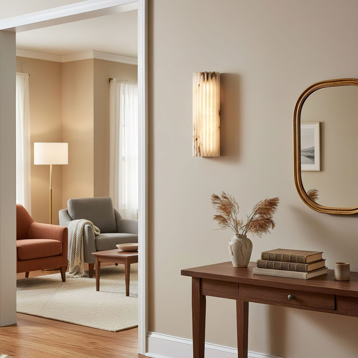 Natural Stone Wall Sconce 12 in Integrated LED Ribbed Surface Indoor Lighting Fixture for Bedroom Hallway Living Room Warm Ambient Glow