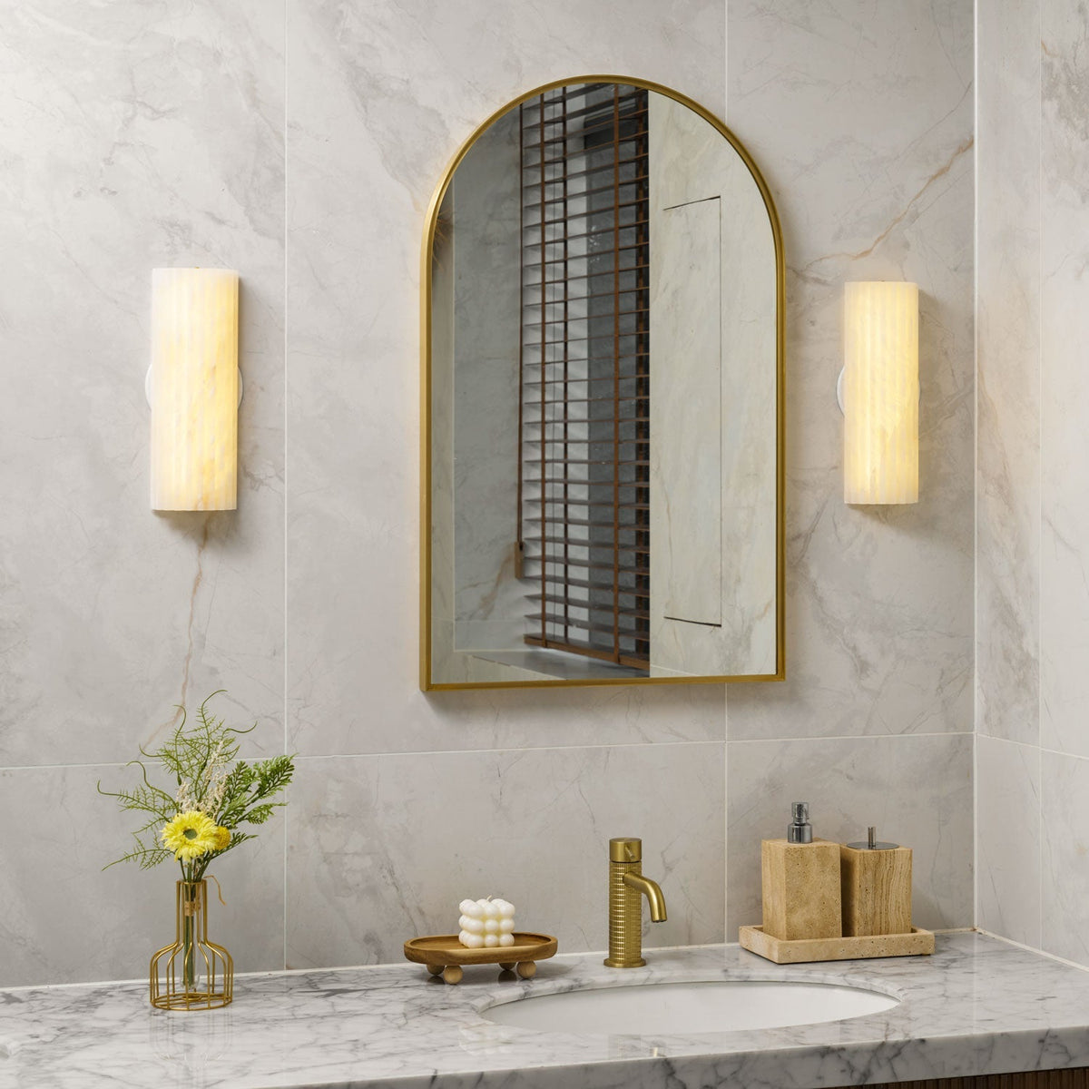Natural Stone Wall Sconce 12 in Integrated LED Ribbed Surface Indoor Lighting Fixture for Bedroom Hallway Living Room Warm Ambient Glow
