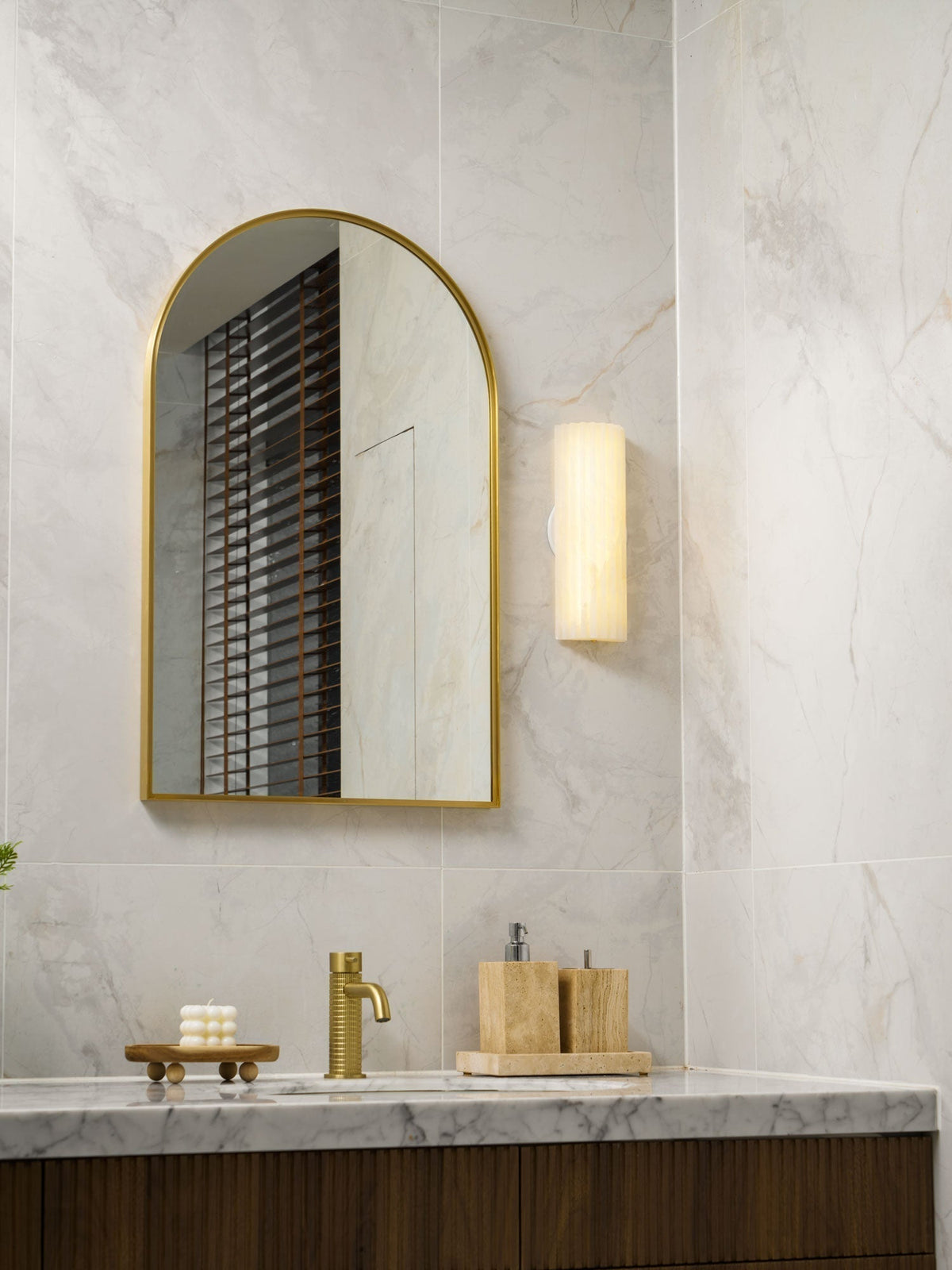 Alabaster Wall Sconce Light Fixture Cylinder Hardwired LED Integrated White Warm Neutral Cool Temperature Modern Accent for Bedroom