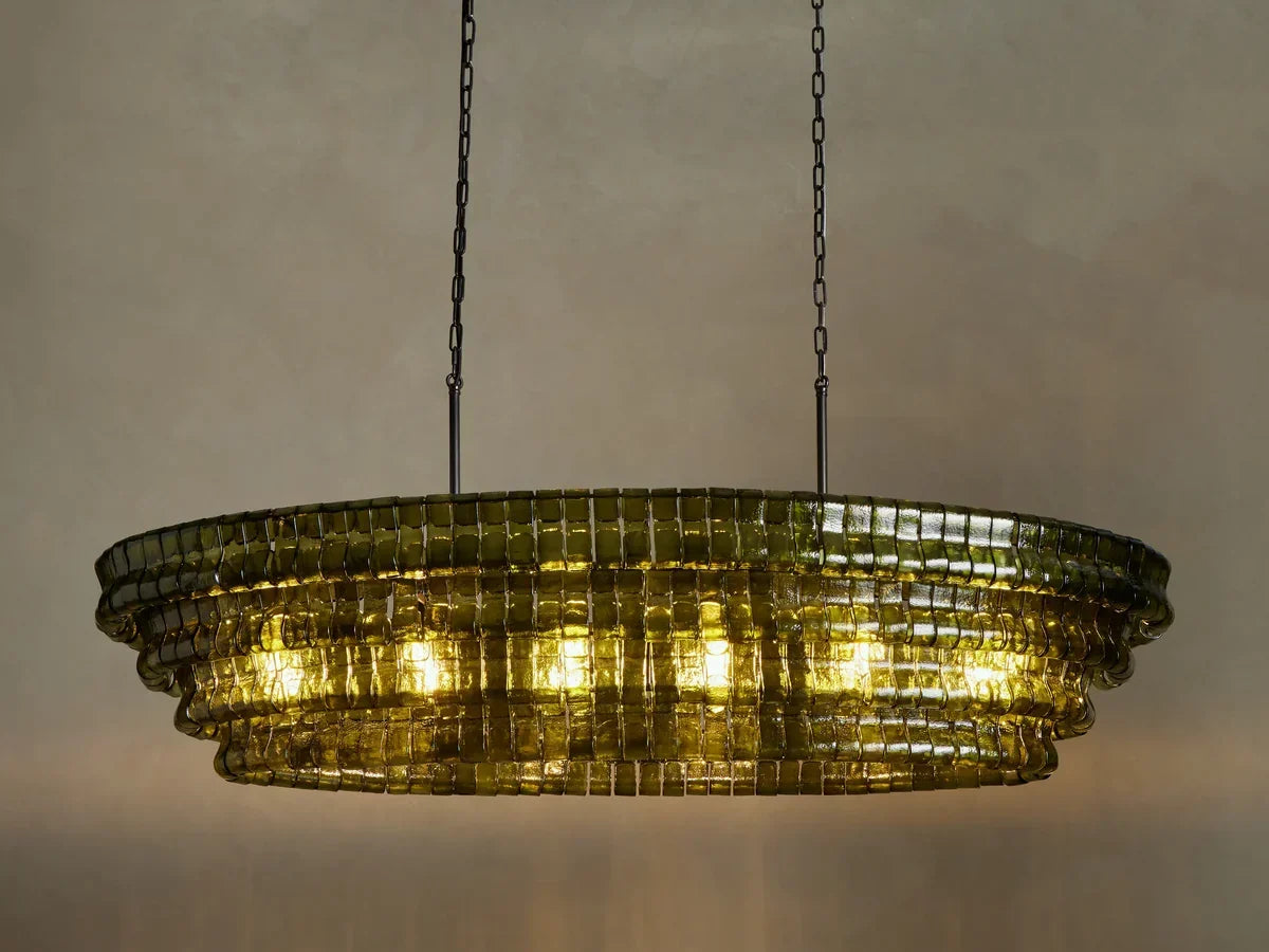 Oval Statement Chandelier Steel Frame Curved Glass Panels Adjustable Drop 5 or 12 Bulbs Dining Room Foyer