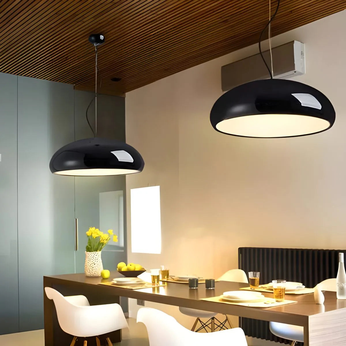 LED Overhead Fixture with Switchable Light Modes for Kitchen Islands, Dining Rooms & Open Living Spaces – Glossy Metal Round Ceiling Lamp in