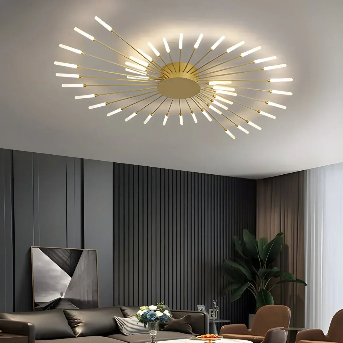 Multi-Arm Metal Flush Mount Light Fixture with Remote Dimmable 20-42 Bulb Points for Open Floor Plans Living Rooms Dining Spaces Contemporar