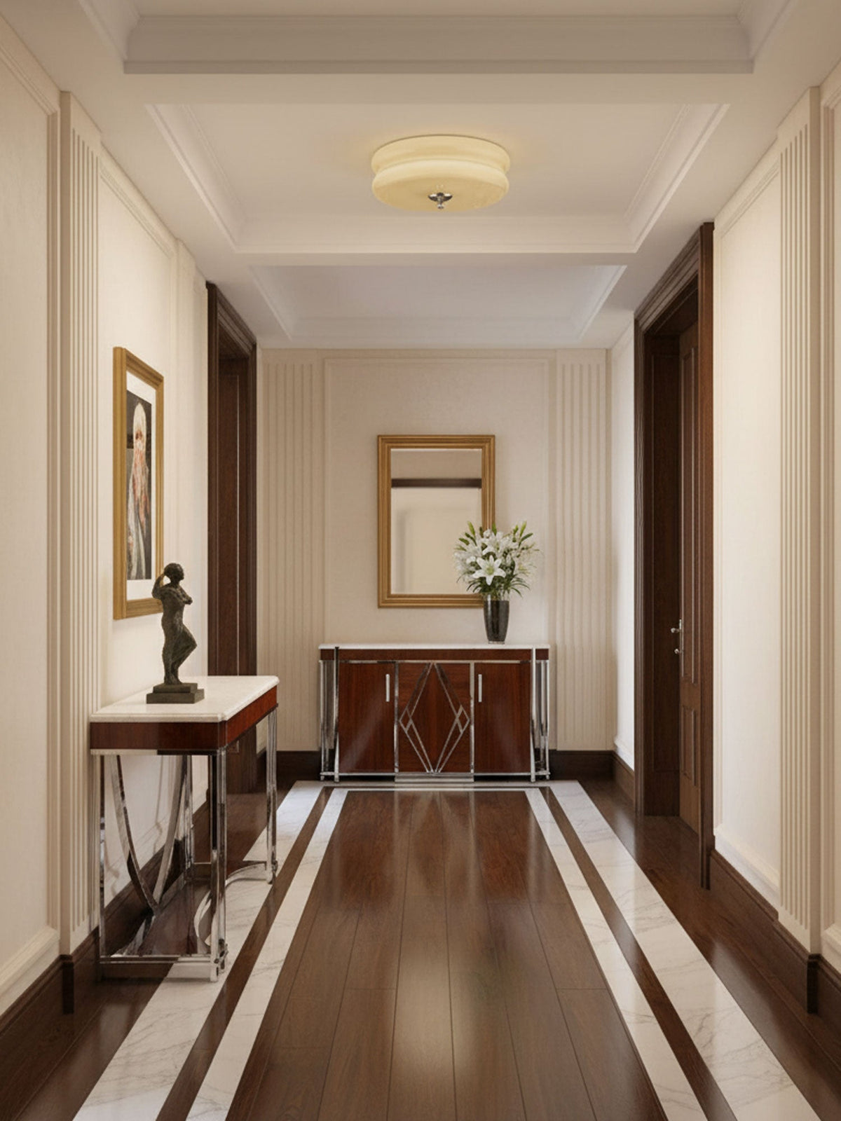 Flush Mount LED Ceiling Light Fixture with Frosted Glass Shade Gold Chrome Metal for Bedroom Living Room Dining Room Hallway Entryway Tradit