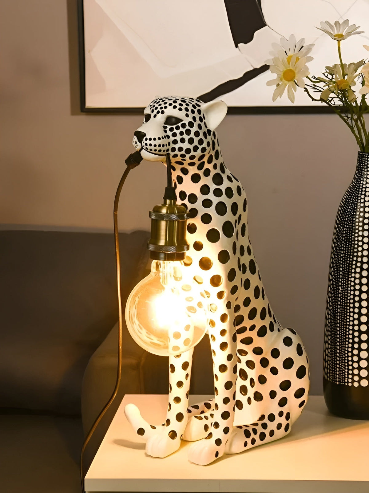 Leopard Table Lamp with Edison Bulb, Art Deco Desk Lamp for Nightstand, Bedside Lamp with USB Power for Console
