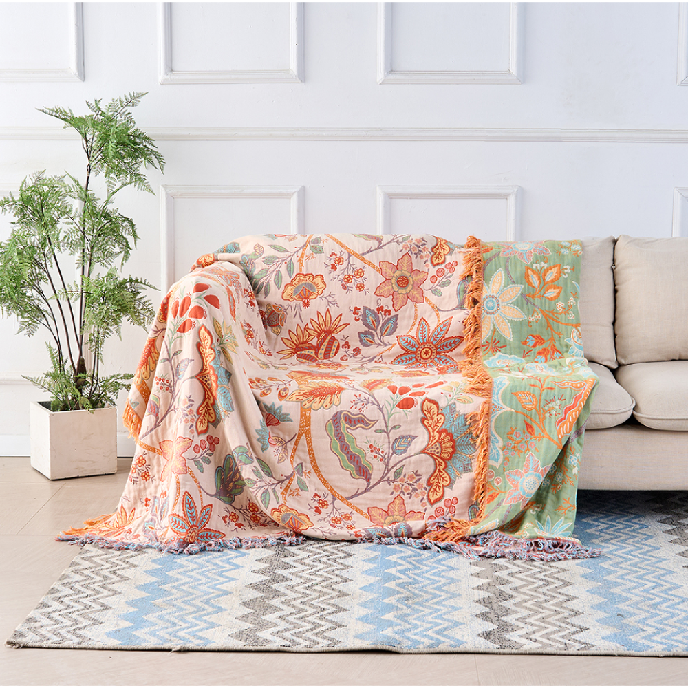 Artistic Boho Collection | Floral Cotton Throw Blanket with Playful Fringe | Cozy Layer for Home Decor
