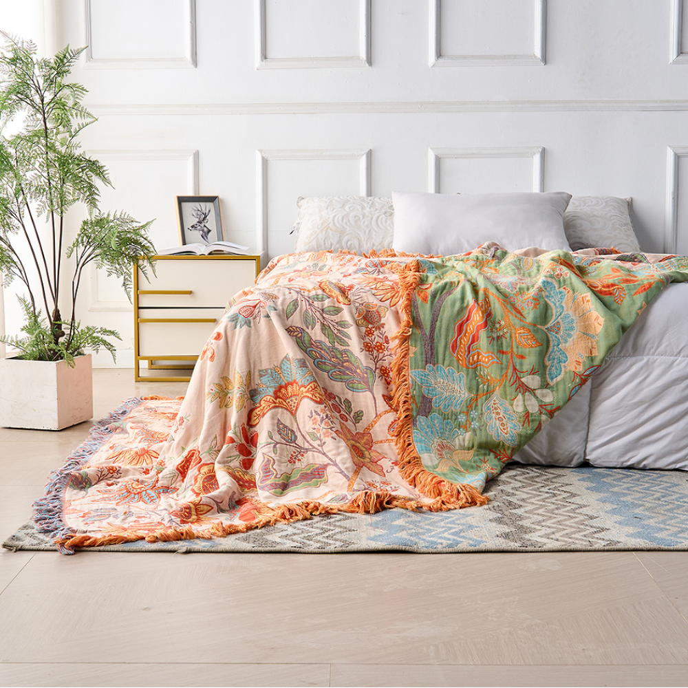 Artistic Boho Collection | Floral Cotton Throw Blanket with Playful Fringe | Cozy Layer for Home Decor