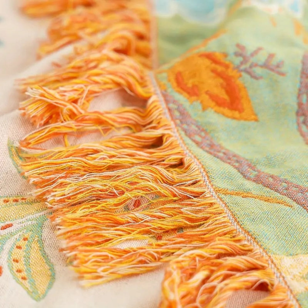 Artistic Boho Collection | Floral Cotton Throw Blanket with Playful Fringe | Cozy Layer for Home Decor
