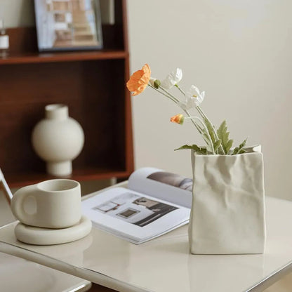 Artistic Ceramic Vase with Unique Paper Bag Design – Handmade Textured Decor