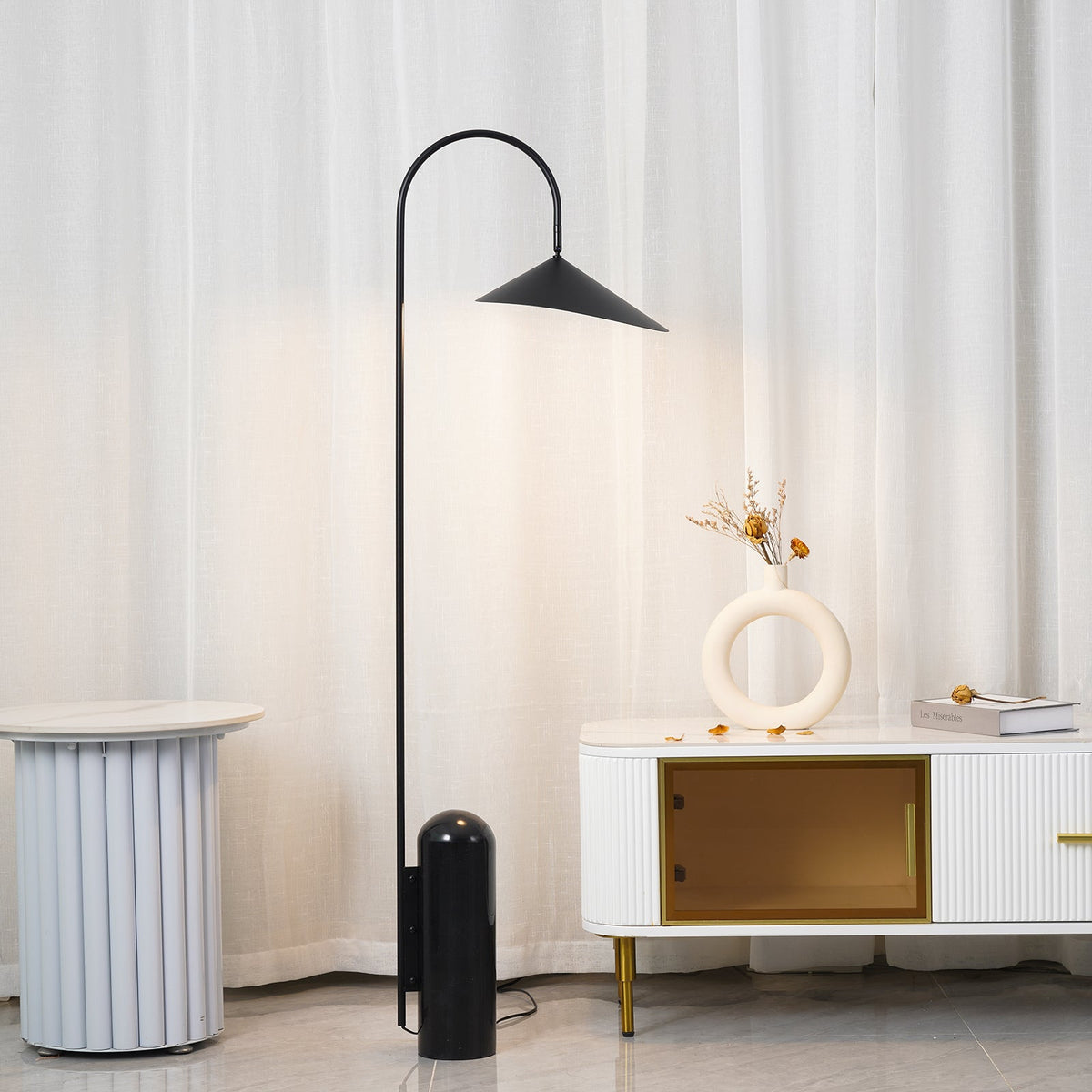 Arched Reading Floor Lamp with Marble Base – Modern Black Metal Accent Light for Living Room, Bedroom & Home Office
