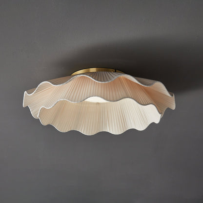 Flush Mount Ceiling Light White Fabric Ripple Shade 20 in Bedroom Ambient LED Integrated Dimmable Low Profile for Living Room Dining Room Mo