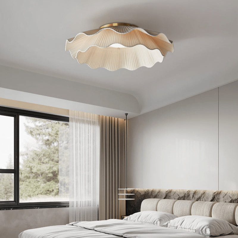 Flush Mount Ceiling Light White Fabric Ripple Shade 20 in Bedroom Ambient LED Integrated Dimmable Low Profile for Living Room Dining Room Mo