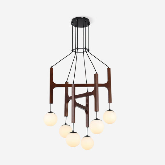 Wooden Multi-Arm Hanging Light Fixture White Glass Globes Adjustable Height Cable 2-6 Bulb Dining Room Ceiling Lighting Modern Farmhouse Ind