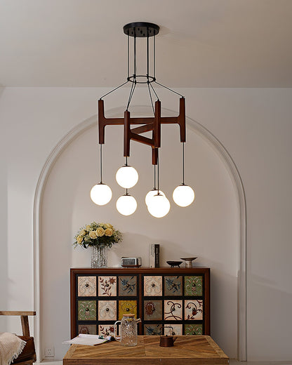 Wooden Multi-Arm Hanging Light Fixture White Glass Globes Adjustable Height Cable 2-6 Bulb Dining Room Ceiling Lighting Modern Farmhouse Ind