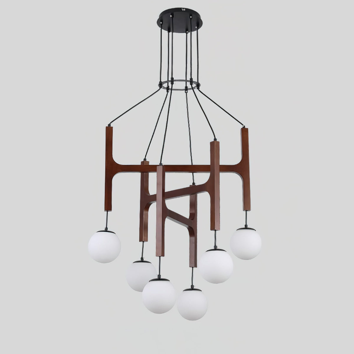Wooden Multi-Arm Hanging Light Fixture White Glass Globes Adjustable Height Cable 2-6 Bulb Dining Room Ceiling Lighting Modern Farmhouse Ind