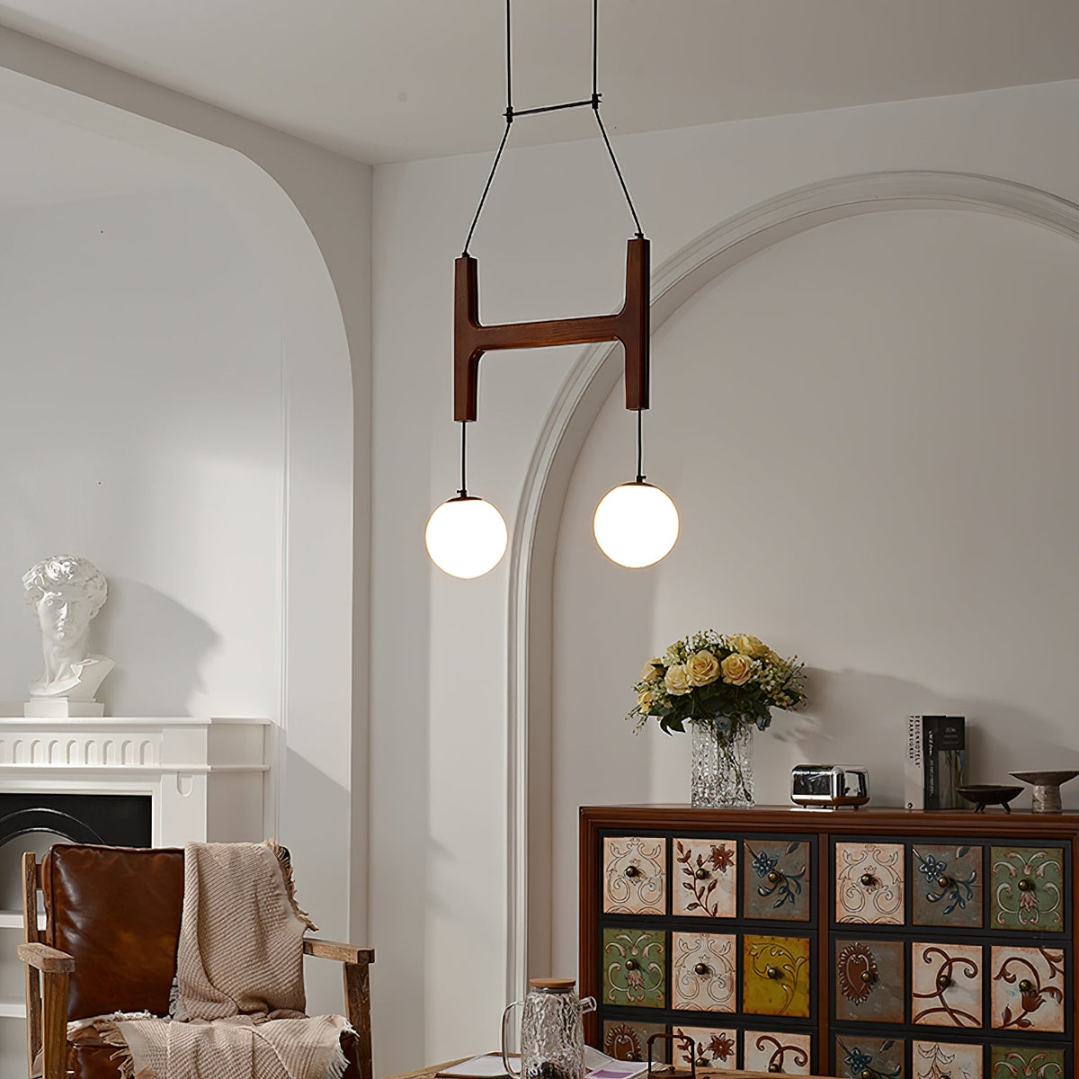 Wooden Multi-Arm Hanging Light Fixture White Glass Globes Adjustable Height Cable 2-6 Bulb Dining Room Ceiling Lighting Modern Farmhouse Ind
