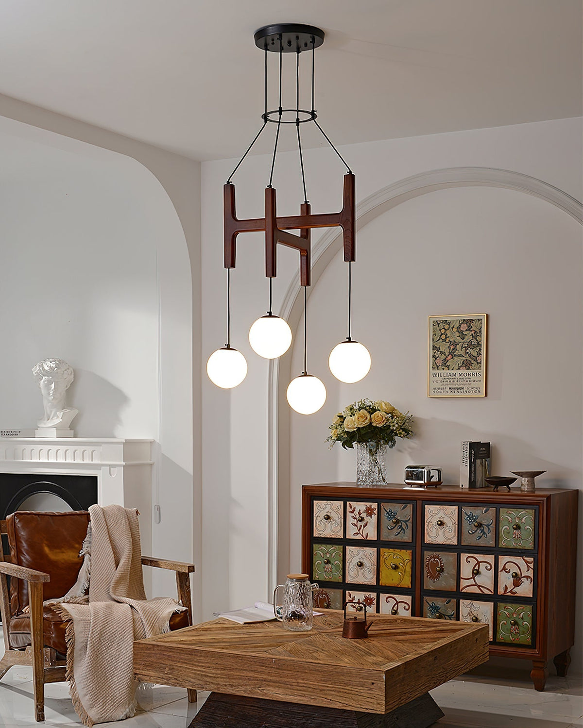 Wooden Multi-Arm Hanging Light Fixture White Glass Globes Adjustable Height Cable 2-6 Bulb Dining Room Ceiling Lighting Modern Farmhouse Ind
